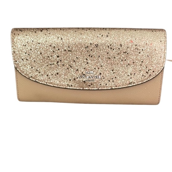Coach Leather Envelope Wallet Sparkly Metallic Gold Clutch Evening Formal - Picture 2 of 12